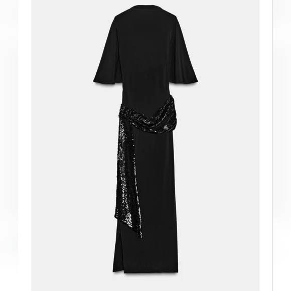 ZARA VIRAL SEQUIN CUMMERBUND MIDI DRESS BLACK